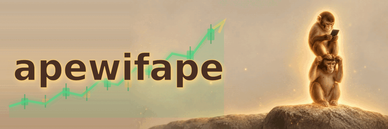Animated apewifape banner with a green candlestick chart climbing beside the stacked apes.