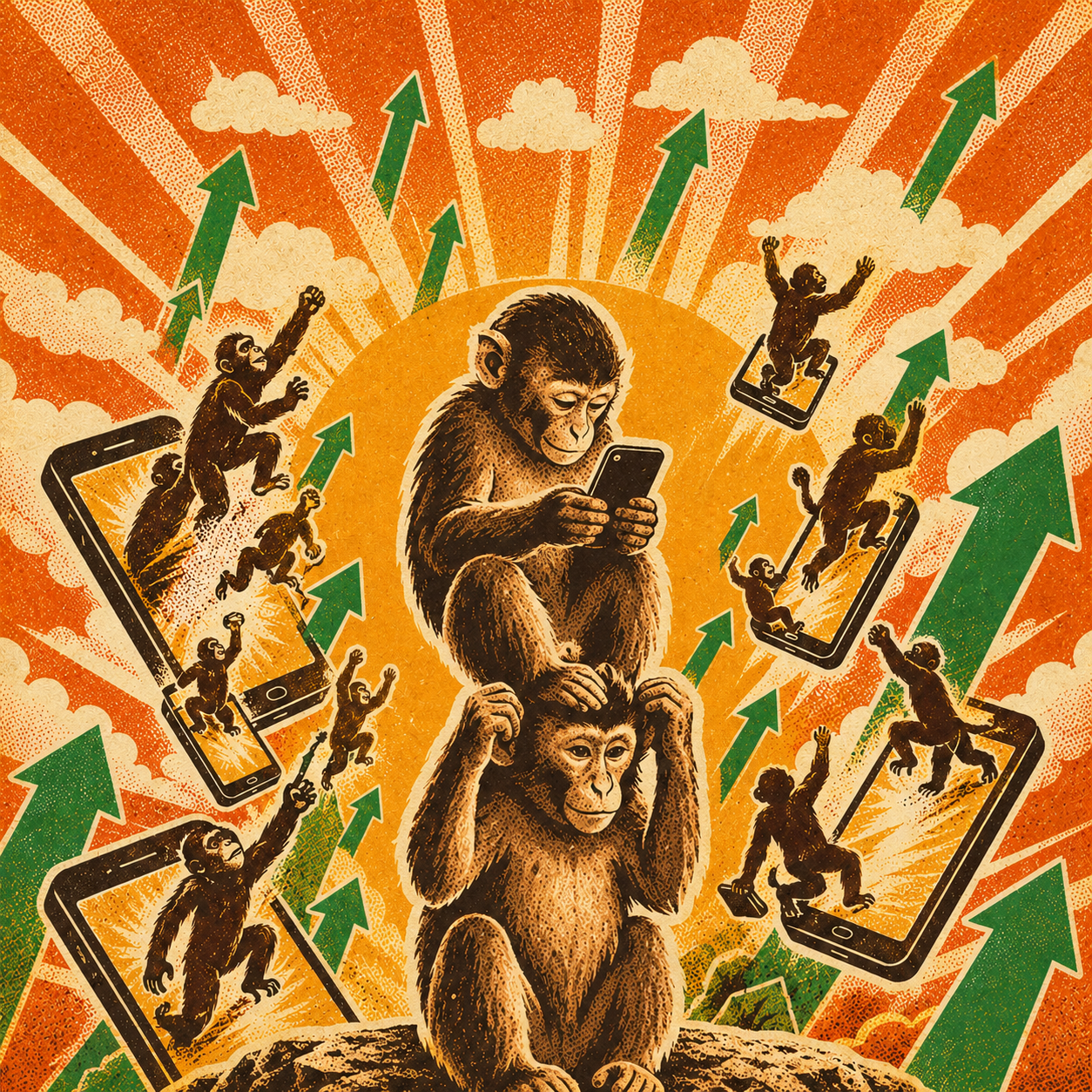 A screen-printed poster of stacked apes surrounded by phones, climbing ape figures, green arrows, and orange sunburst rays.